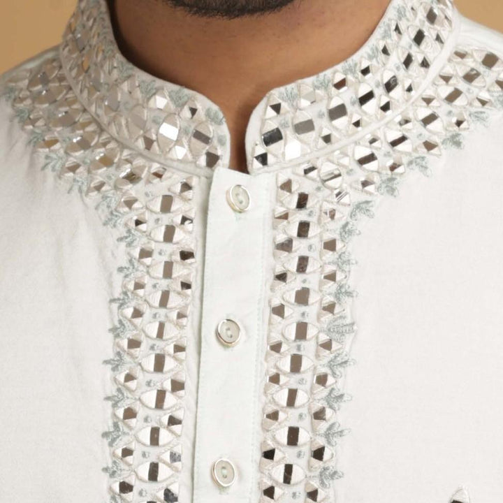 Cream and Light Pistachio Mirror Work Silk Kurta Set Chatenya Mittal - Fabilicious Fashion