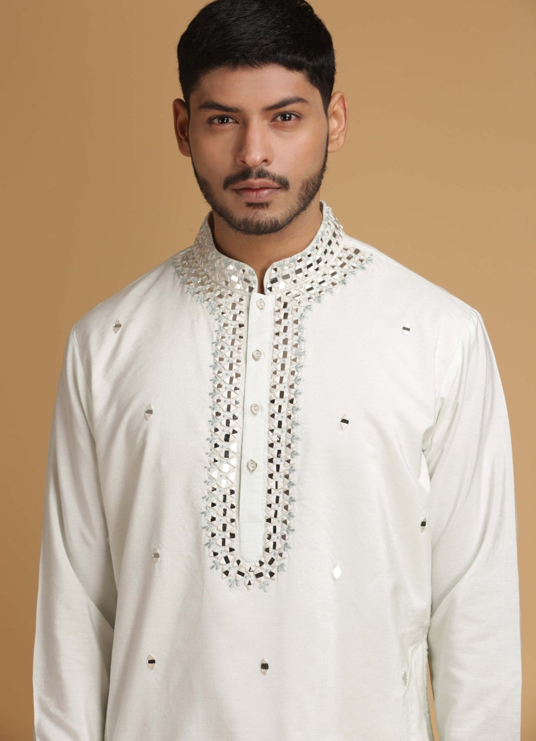 Cream and Light Pistachio Mirror Work Silk Kurta Set Chatenya Mittal - Fabilicious Fashion