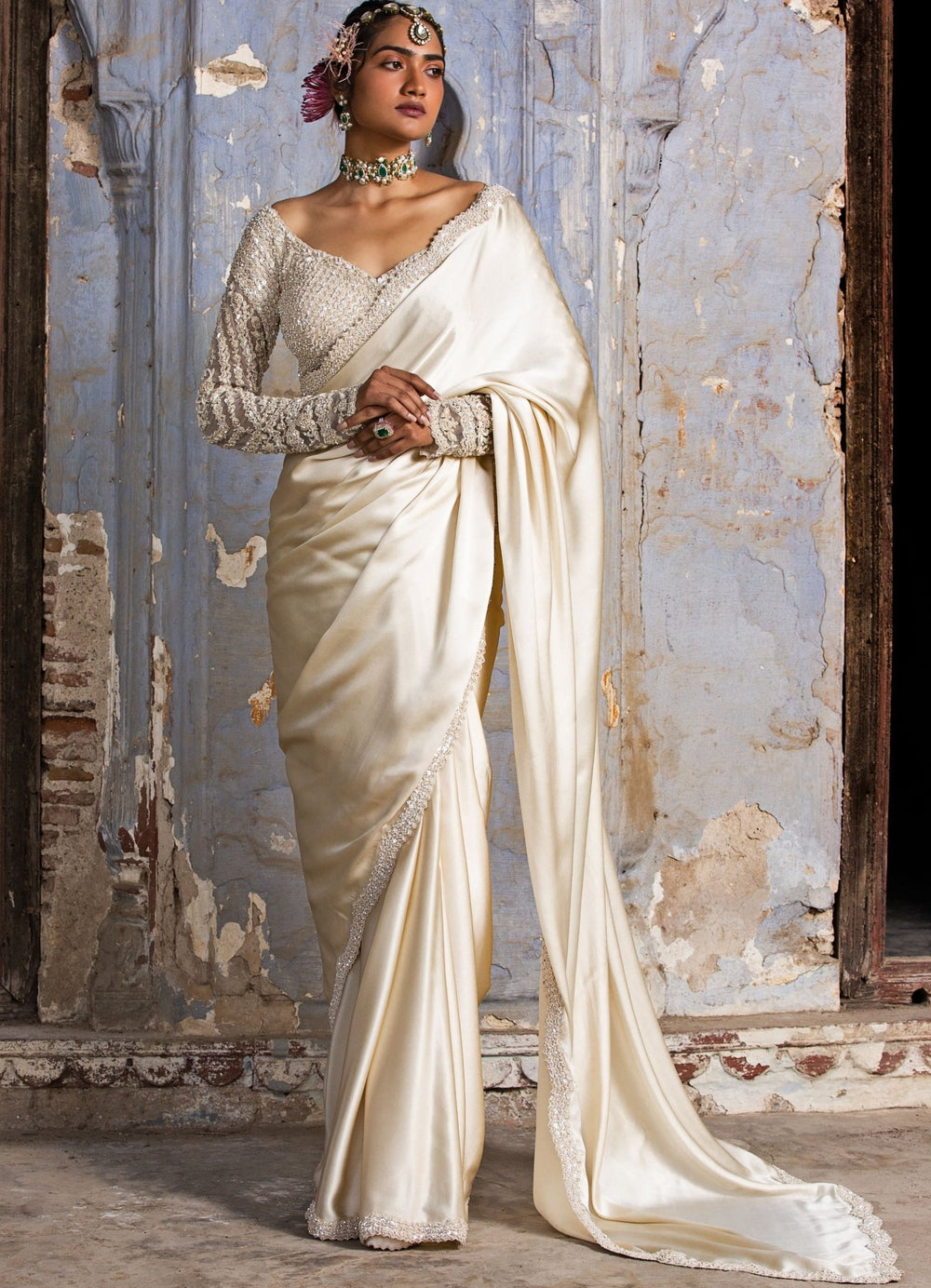Cream Satin Full Sleeved Saree Set Nitika Gujral - Fabilicious Fashion