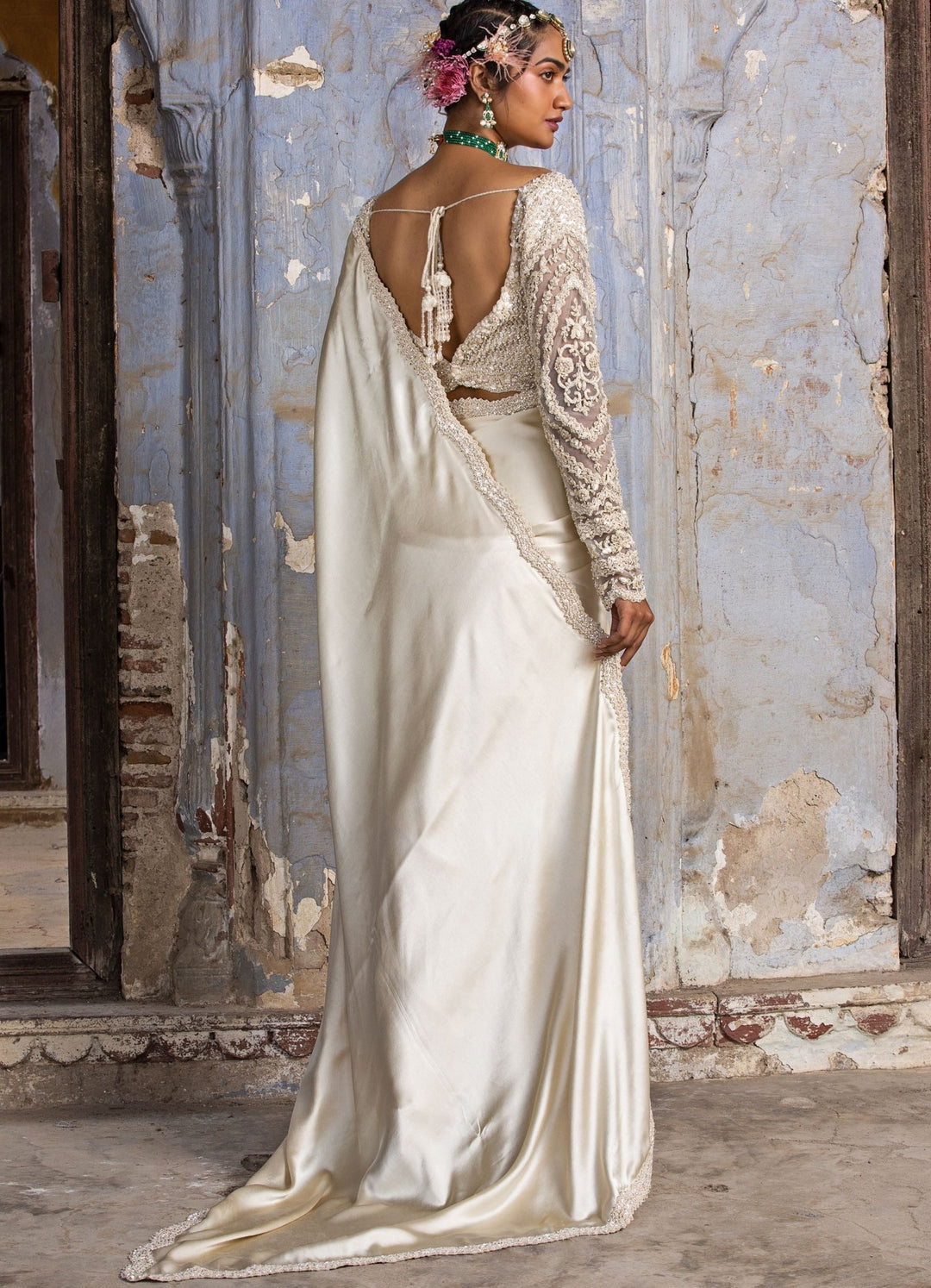 Cream Satin Full Sleeved Saree Set Nitika Gujral - Fabilicious Fashion