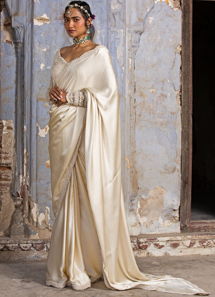 Cream Satin Full Sleeved Saree Set Nitika Gujral - Fabilicious Fashion