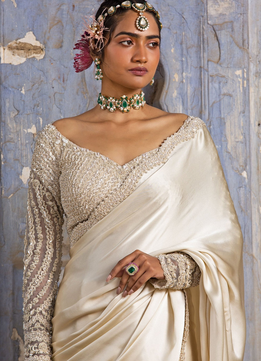 Cream Satin Full Sleeved Saree Set Nitika Gujral - Fabilicious Fashion