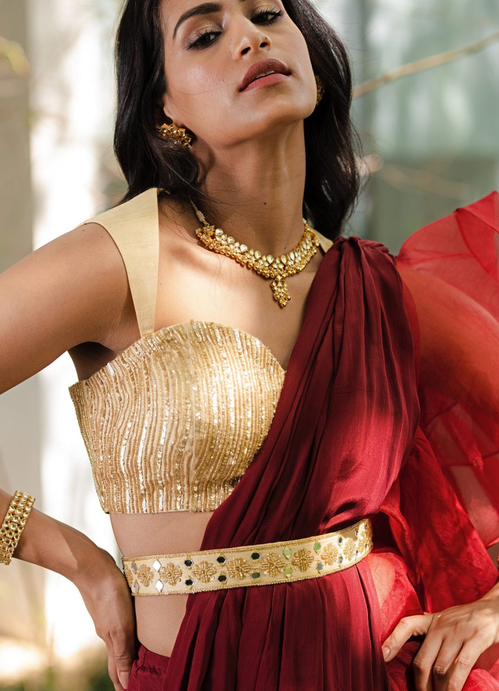 Crimson Predraped Ruffle Saree Rashika Sharma - Fabilicious Fashion
