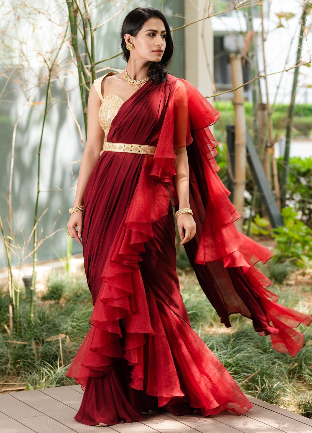 Crimson Predraped Ruffle Saree Rashika Sharma - Fabilicious Fashion