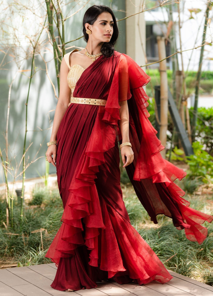 Crimson Predraped Ruffle Saree Rashika Sharma - Fabilicious Fashion