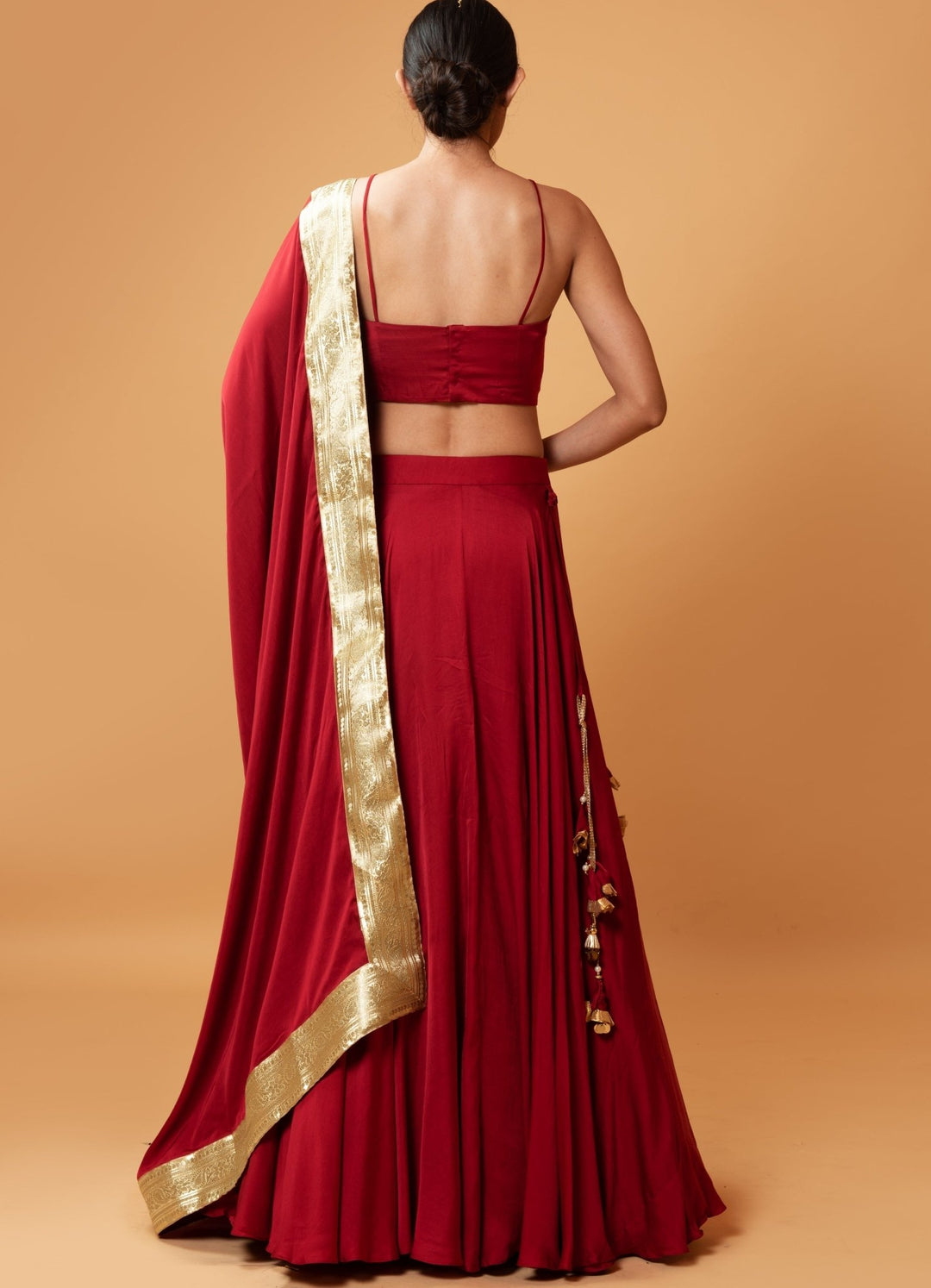 Crimson Red And Gold Strappy Blouse Set QAT By Agni - Fabilicious Fashion