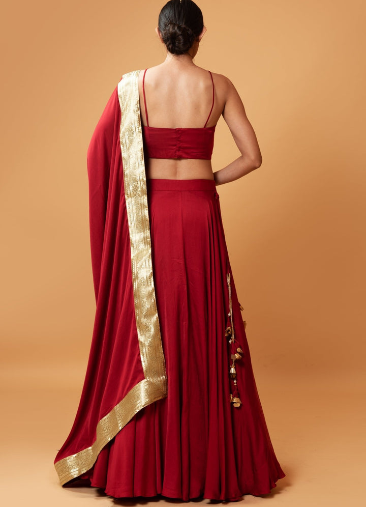 Crimson Red And Gold Strappy Blouse Set QAT By Agni - Fabilicious Fashion