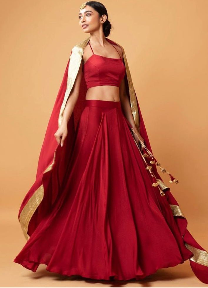 Crimson Red And Gold Strappy Blouse Set QAT By Agni - Fabilicious Fashion