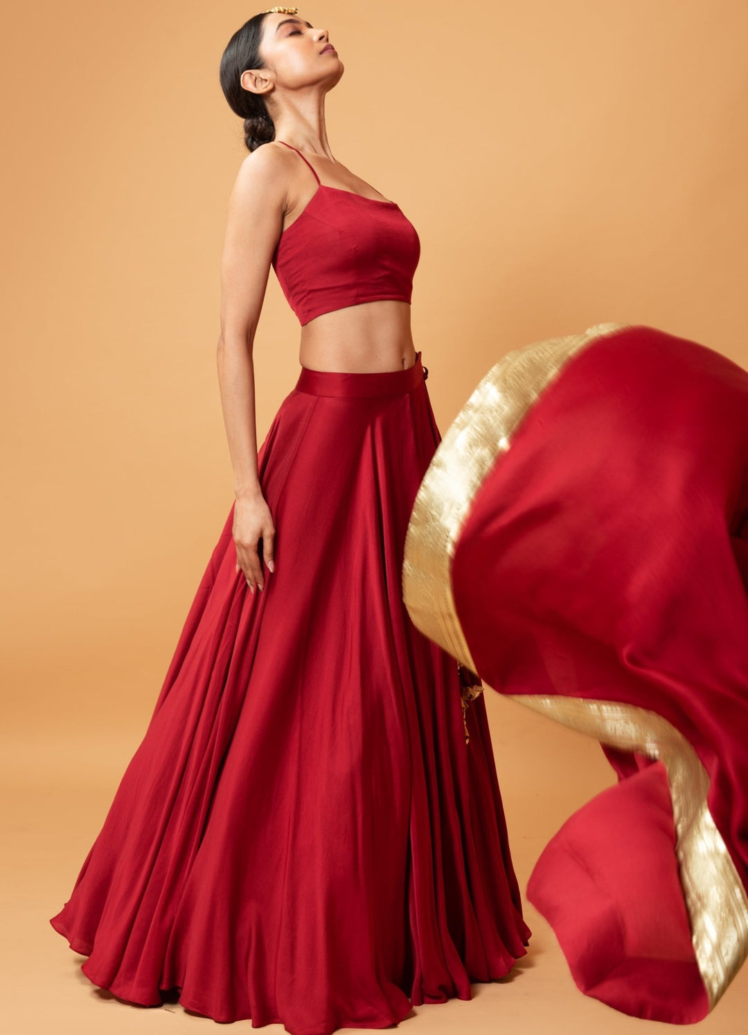 Crimson Red And Gold Strappy Blouse Set QAT By Agni - Fabilicious Fashion