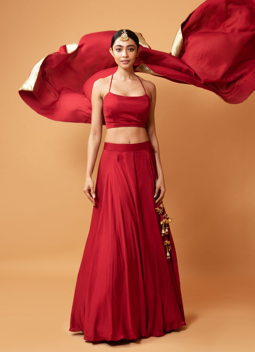 Crimson Red And Gold Strappy Blouse Set QAT By Agni - Fabilicious Fashion