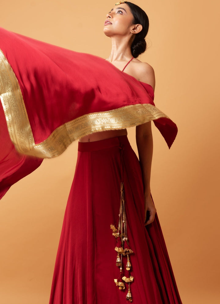 Crimson Red And Gold Strappy Blouse Set QAT By Agni - Fabilicious Fashion