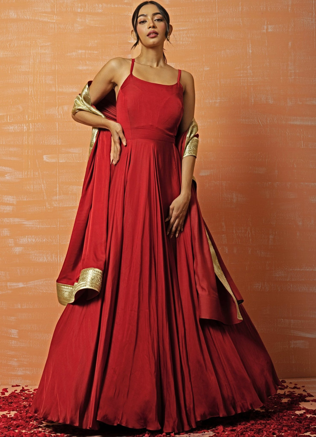 Crimson Red Modal Silk Gown Set QAT By Agni - Fabilicious Fashion