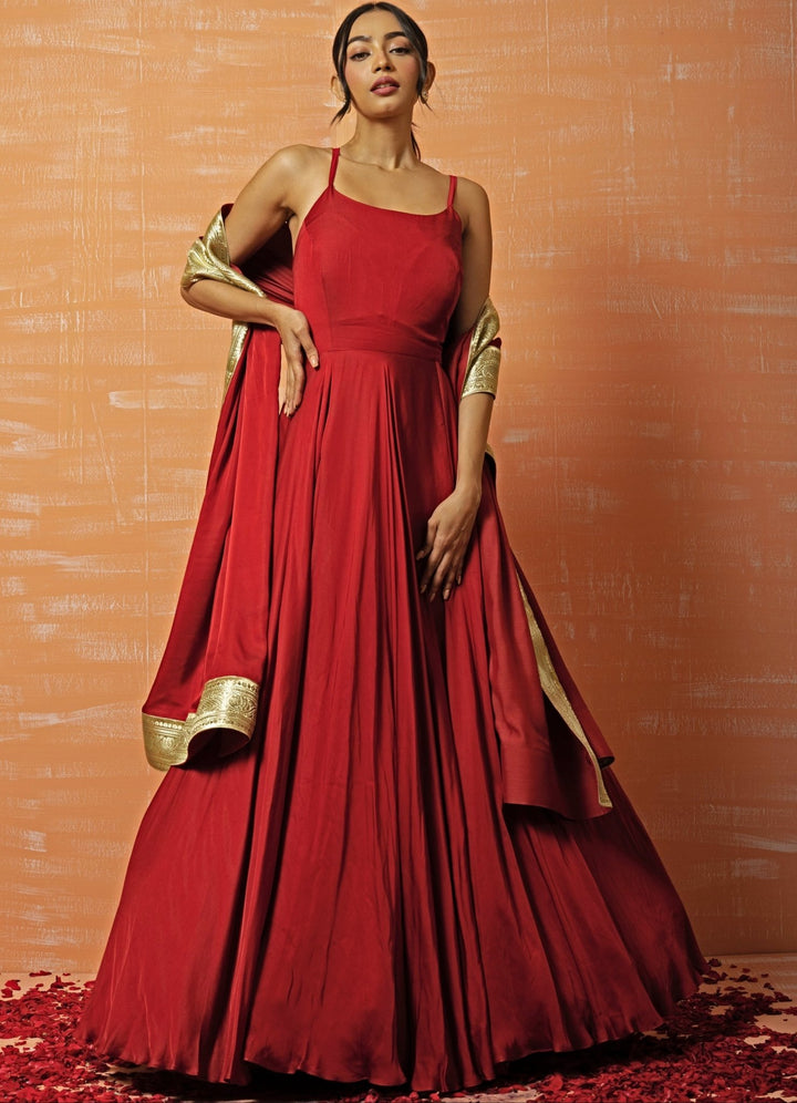 Crimson Red Modal Silk Gown Set QAT By Agni - Fabilicious Fashion