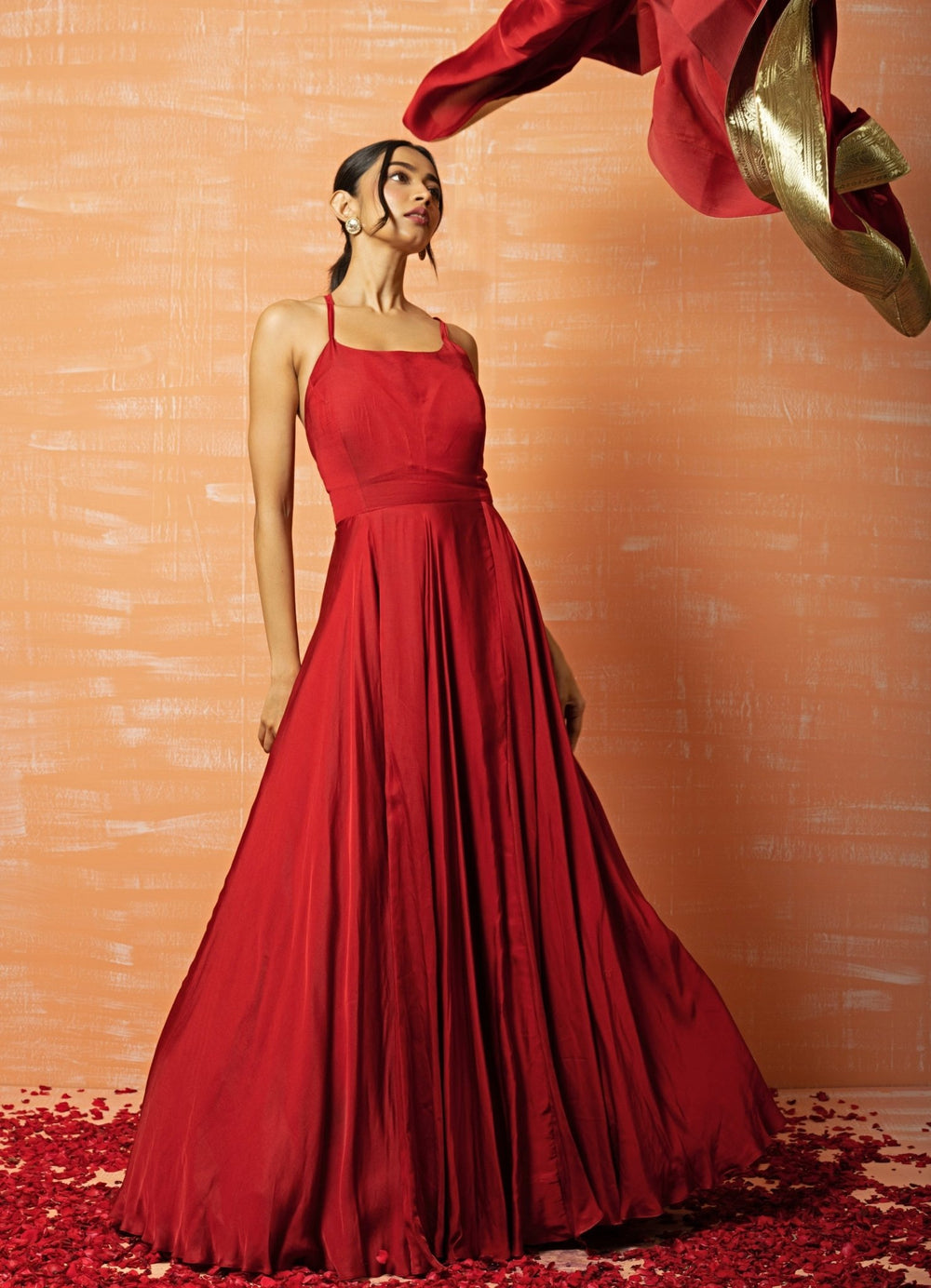 Crimson Red Modal Silk Gown Set QAT By Agni - Fabilicious Fashion