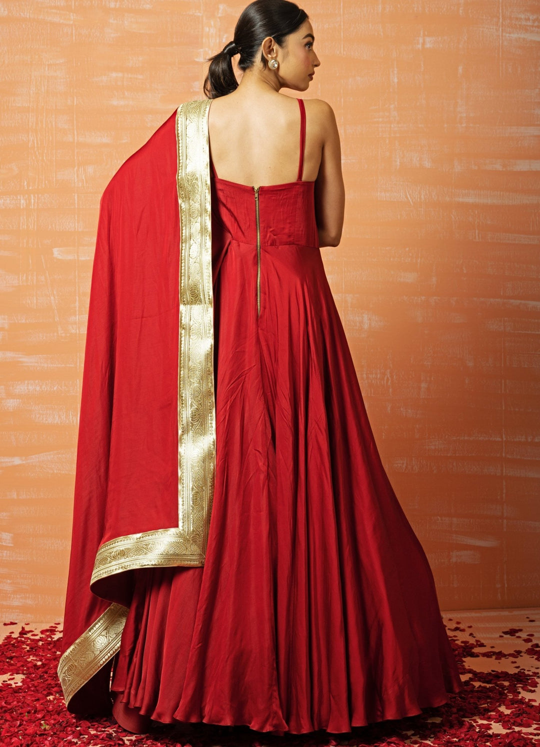 Crimson Red Modal Silk Gown Set QAT By Agni - Fabilicious Fashion