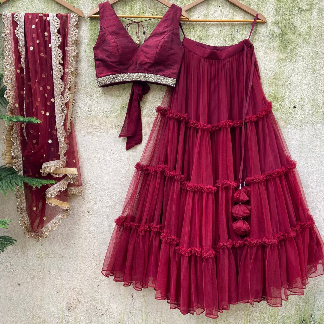 Crimson Red tiered lehenga set with raw silk blouse and dupatta Priti Sahni - Fabilicious Fashion