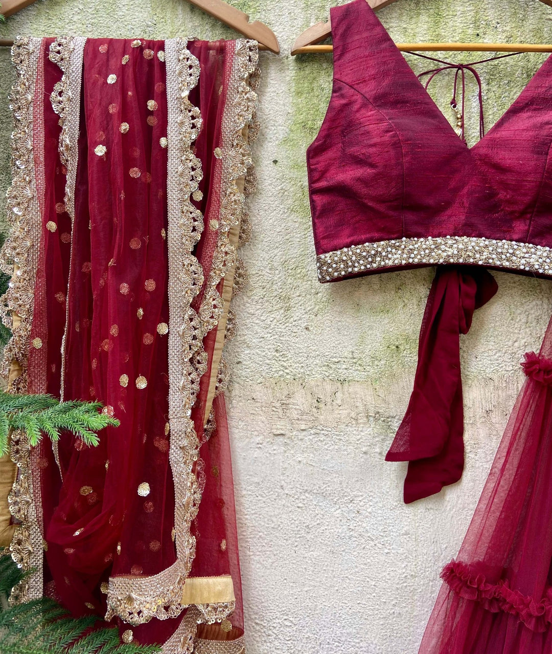 Crimson Red tiered lehenga set with raw silk blouse and dupatta Priti Sahni - Fabilicious Fashion
