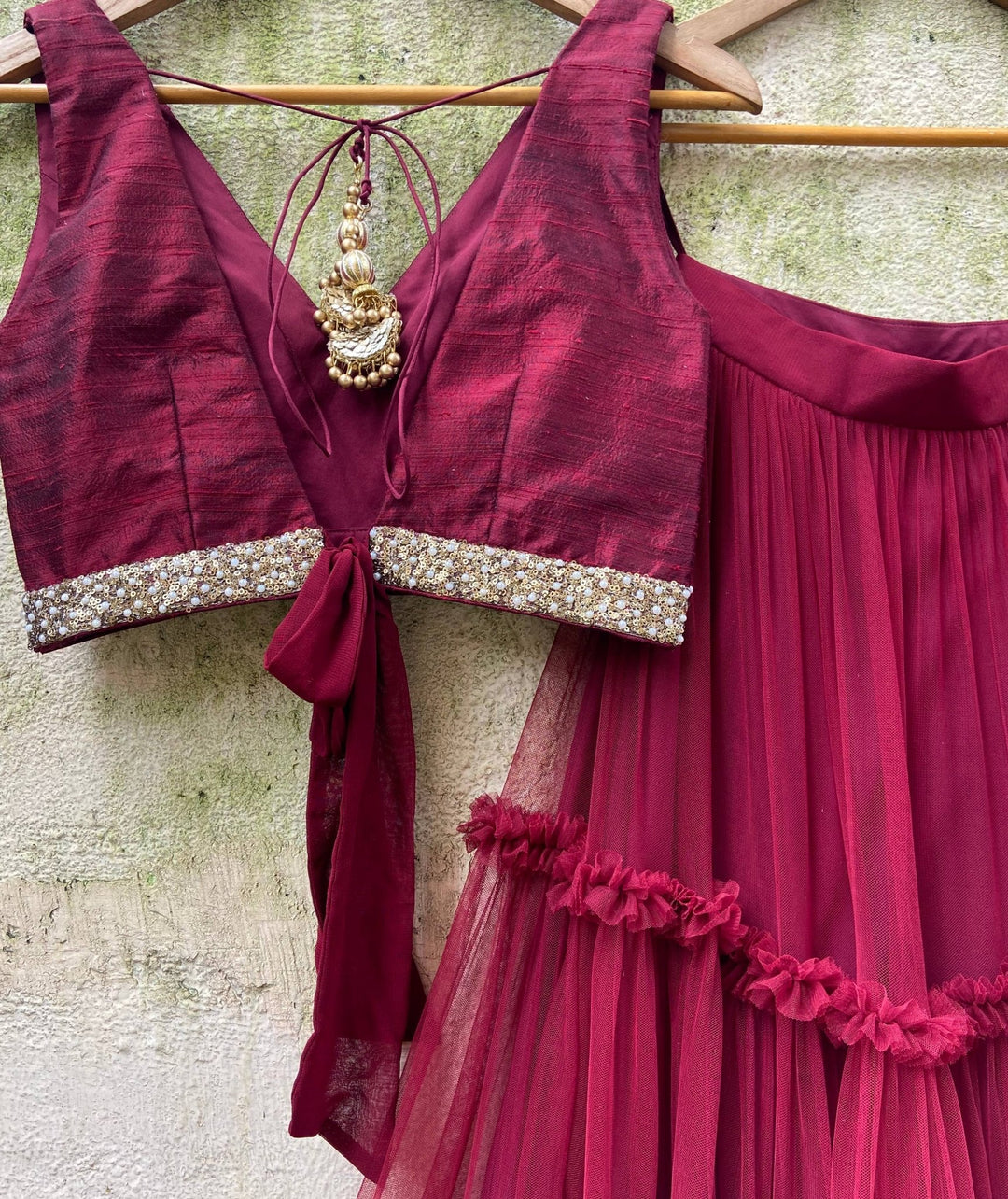 Crimson Red tiered lehenga set with raw silk blouse and dupatta Priti Sahni - Fabilicious Fashion