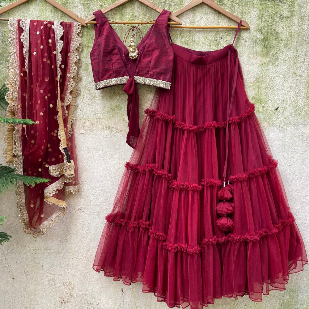 Crimson Red tiered lehenga set with raw silk blouse and dupatta Priti Sahni - Fabilicious Fashion