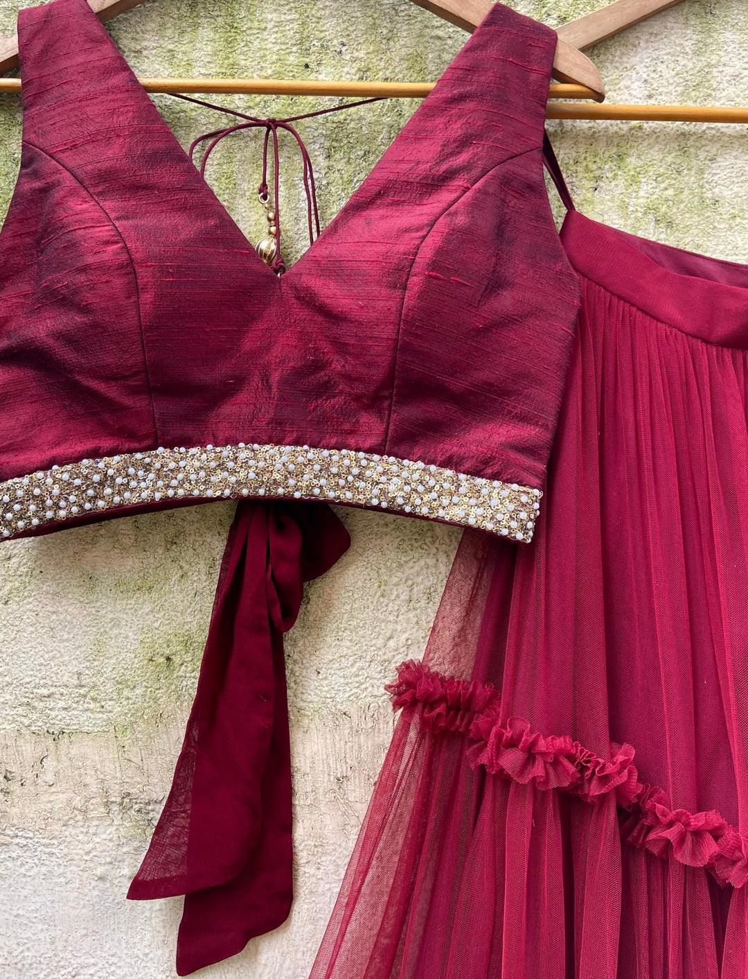 Crimson Red tiered lehenga set with raw silk blouse and dupatta Priti Sahni - Fabilicious Fashion