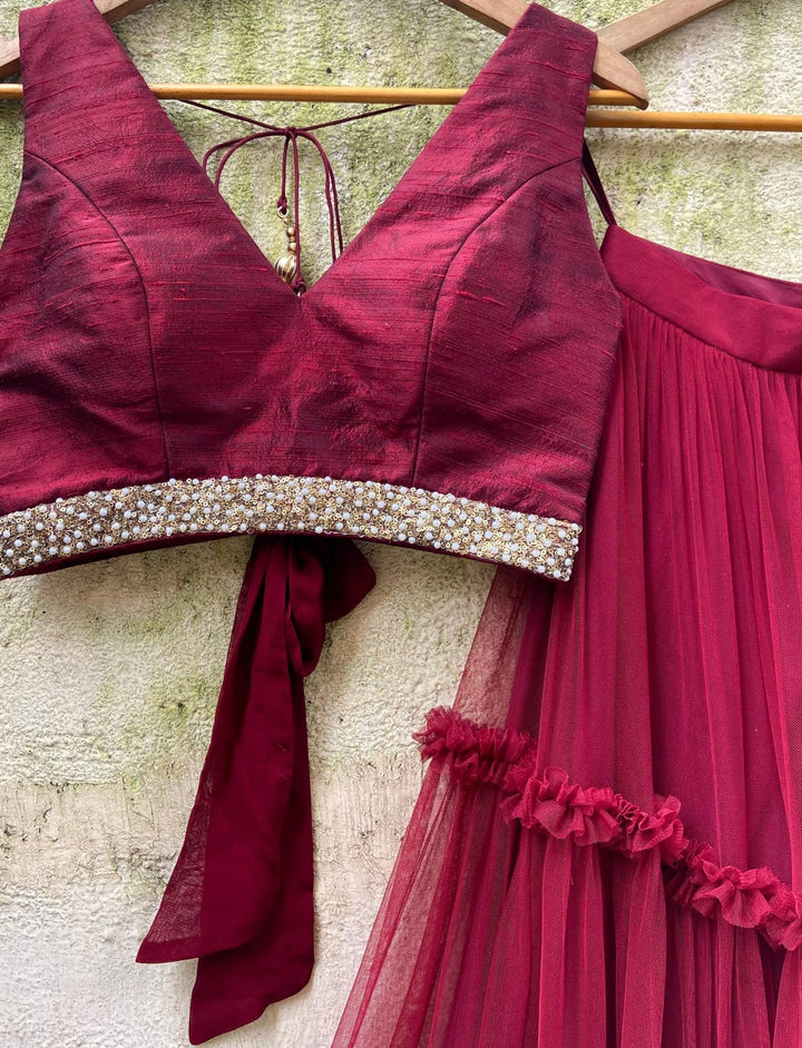 Crimson Red tiered lehenga set with raw silk blouse and dupatta Priti Sahni - Fabilicious Fashion