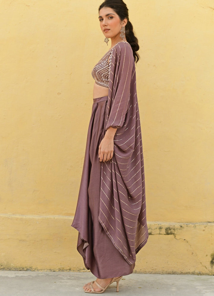 Chamee and Palak Dark Brown Embroidered Satin Drape Skirt SetFabilicious Fashion