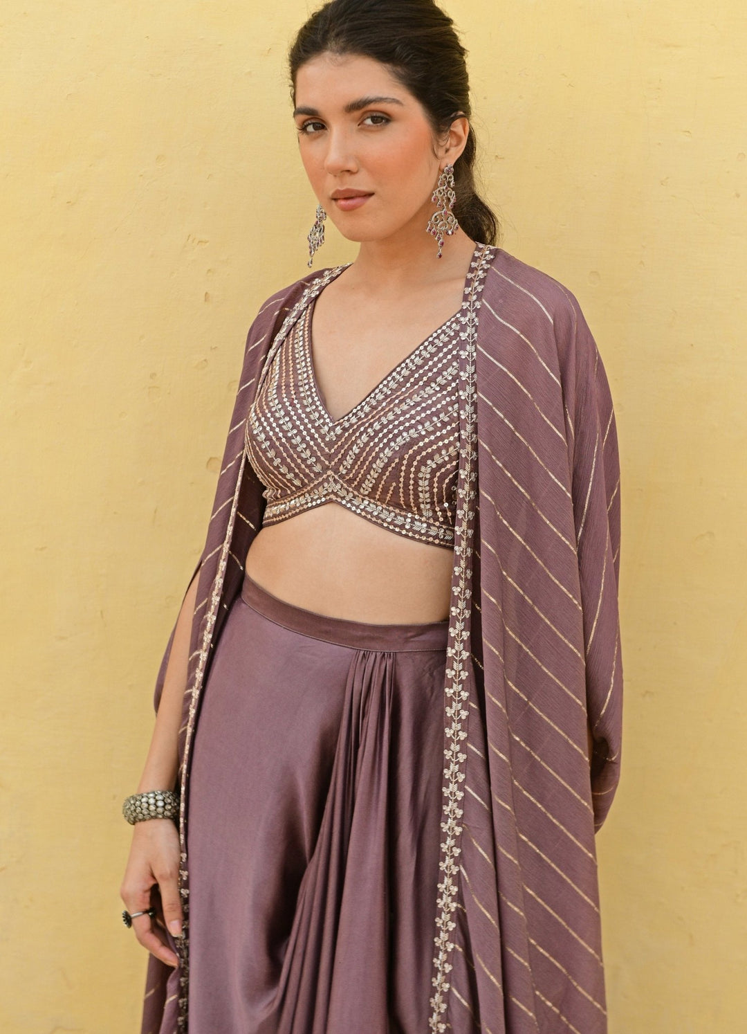 Chamee and Palak Dark Brown Embroidered Satin Drape Skirt SetFabilicious Fashion