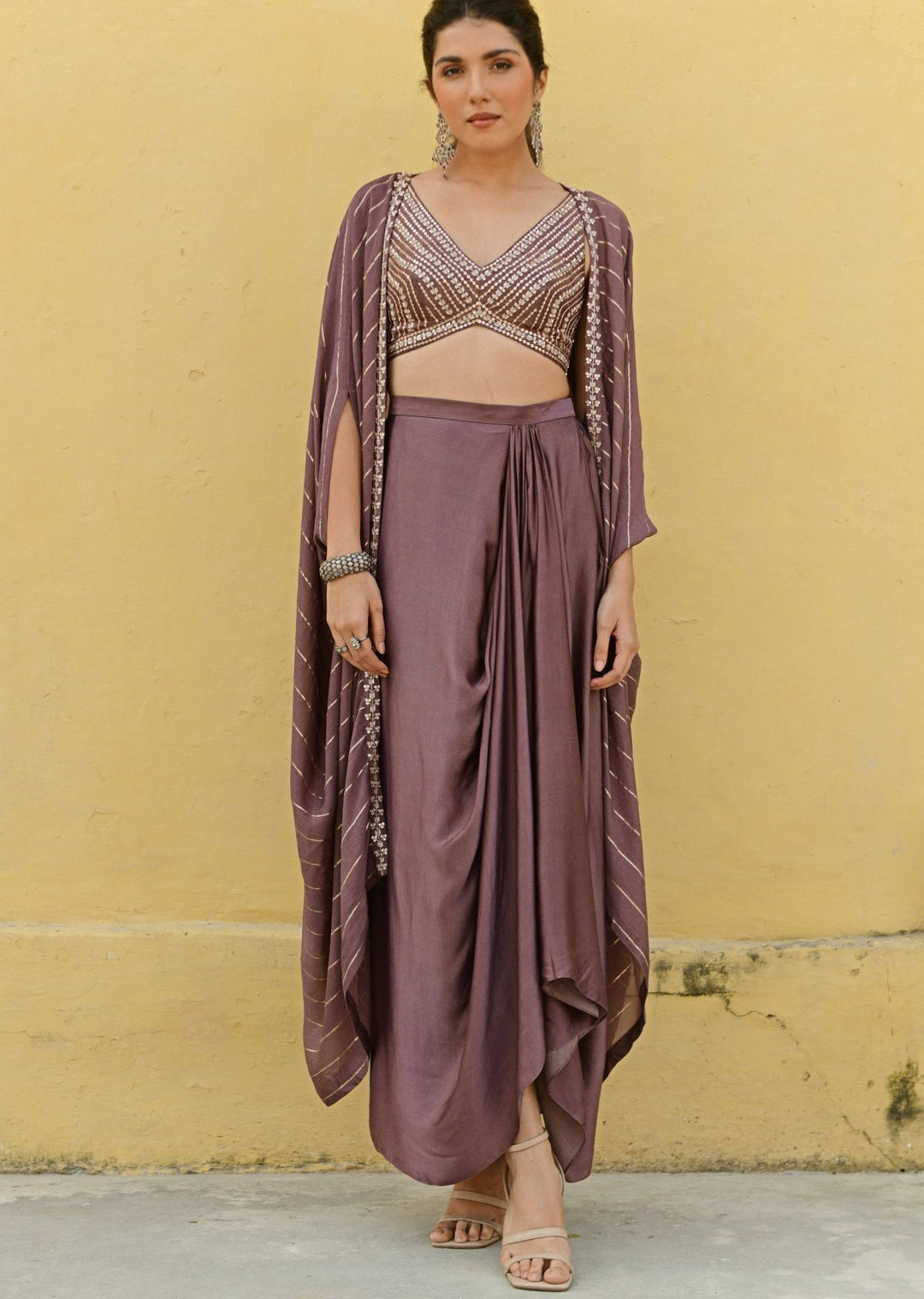 Chamee and Palak Dark Brown Embroidered Satin Drape Skirt SetFabilicious Fashion