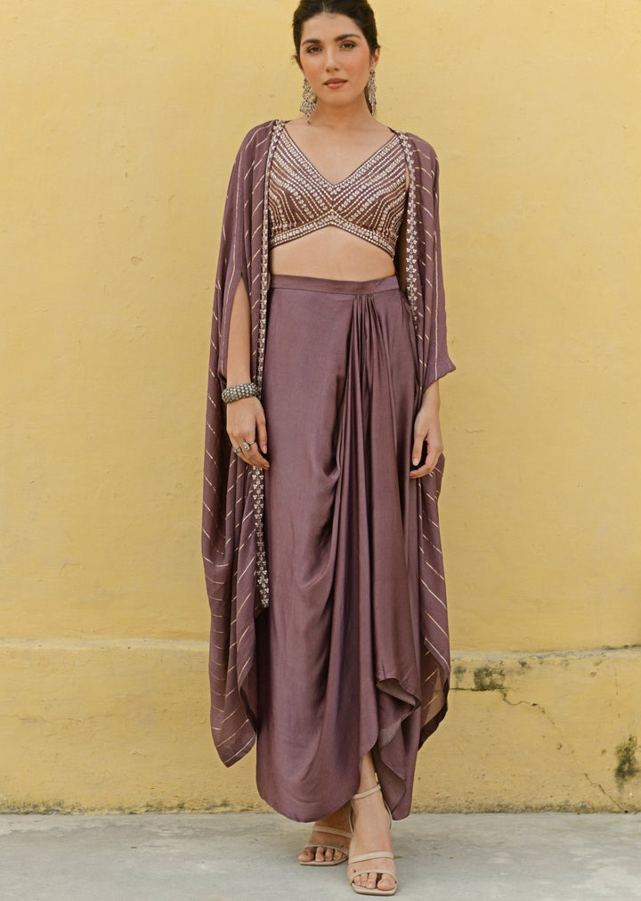 Chamee and Palak Dark Brown Embroidered Satin Drape Skirt SetFabilicious Fashion