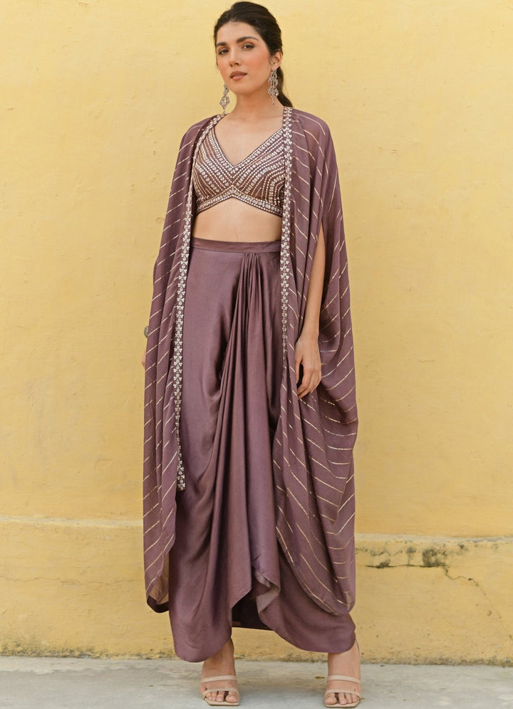 Chamee and Palak Dark Brown Embroidered Satin Drape Skirt SetFabilicious Fashion