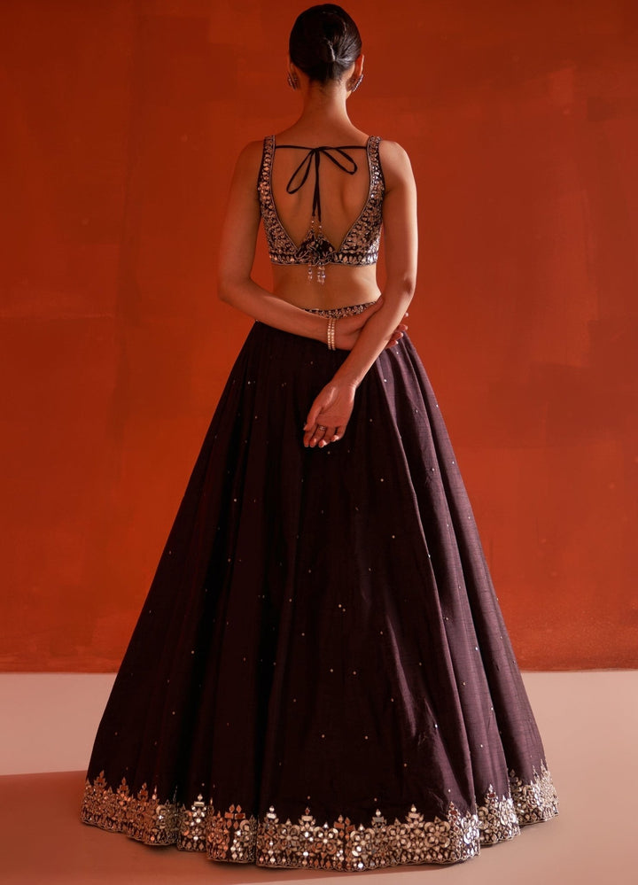 Dark Brown Raw Silk Lehenga Set With Embellished Dupatta Angad Singh - Fabilicious Fashion