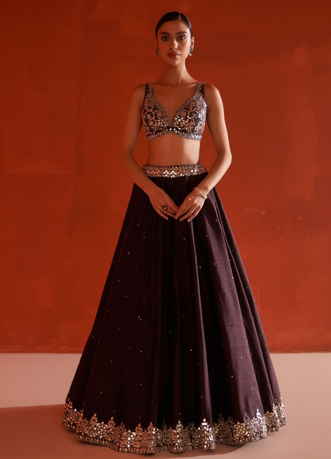 Dark Brown Raw Silk Lehenga Set With Embellished Dupatta Angad Singh - Fabilicious Fashion