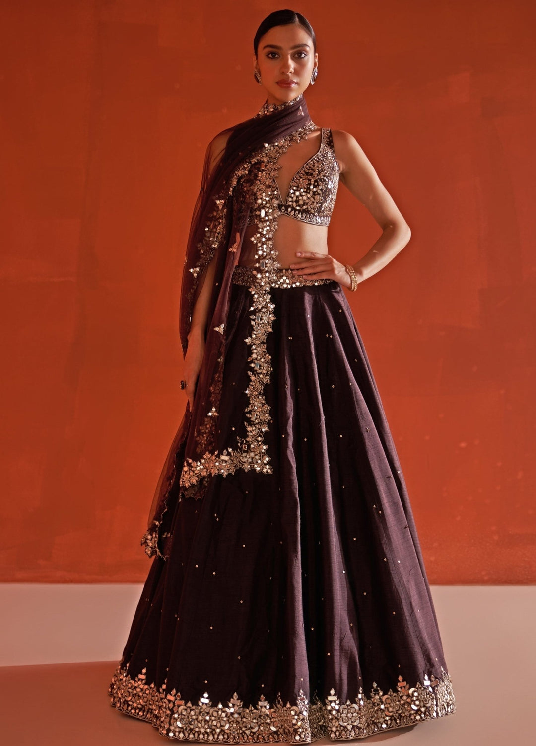 Dark Brown Raw Silk Lehenga Set With Embellished Dupatta Angad Singh - Fabilicious Fashion