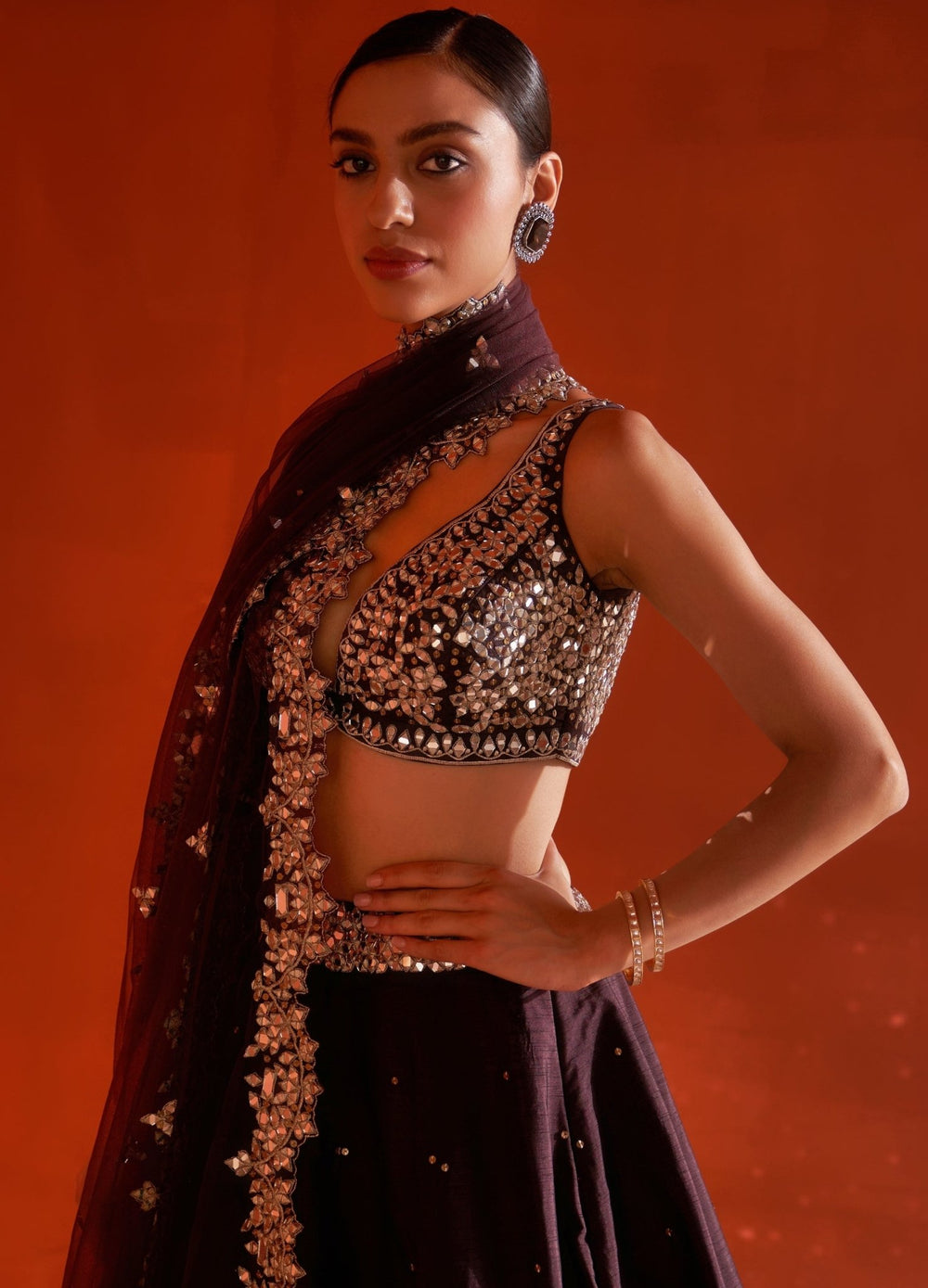 Dark Brown Raw Silk Lehenga Set With Embellished Dupatta Angad Singh - Fabilicious Fashion