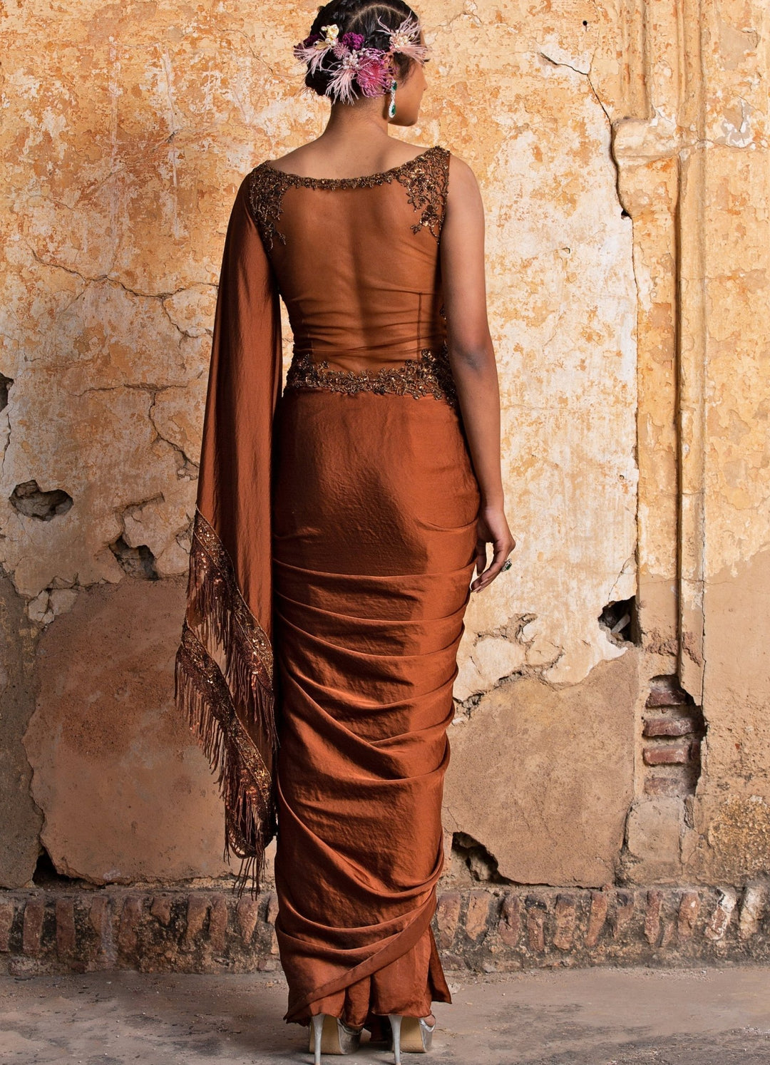 Dark Copper Pre Draped Saree Set Nitika Gujral - Fabilicious Fashion