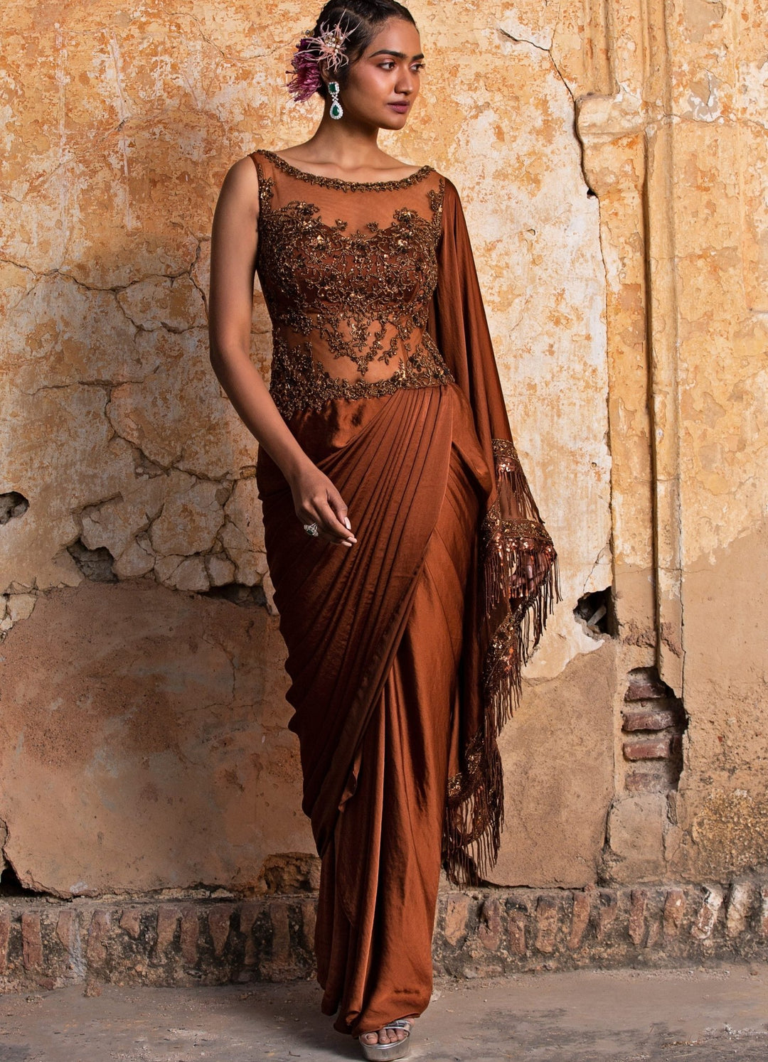 Dark Copper Pre Draped Saree Set Nitika Gujral - Fabilicious Fashion