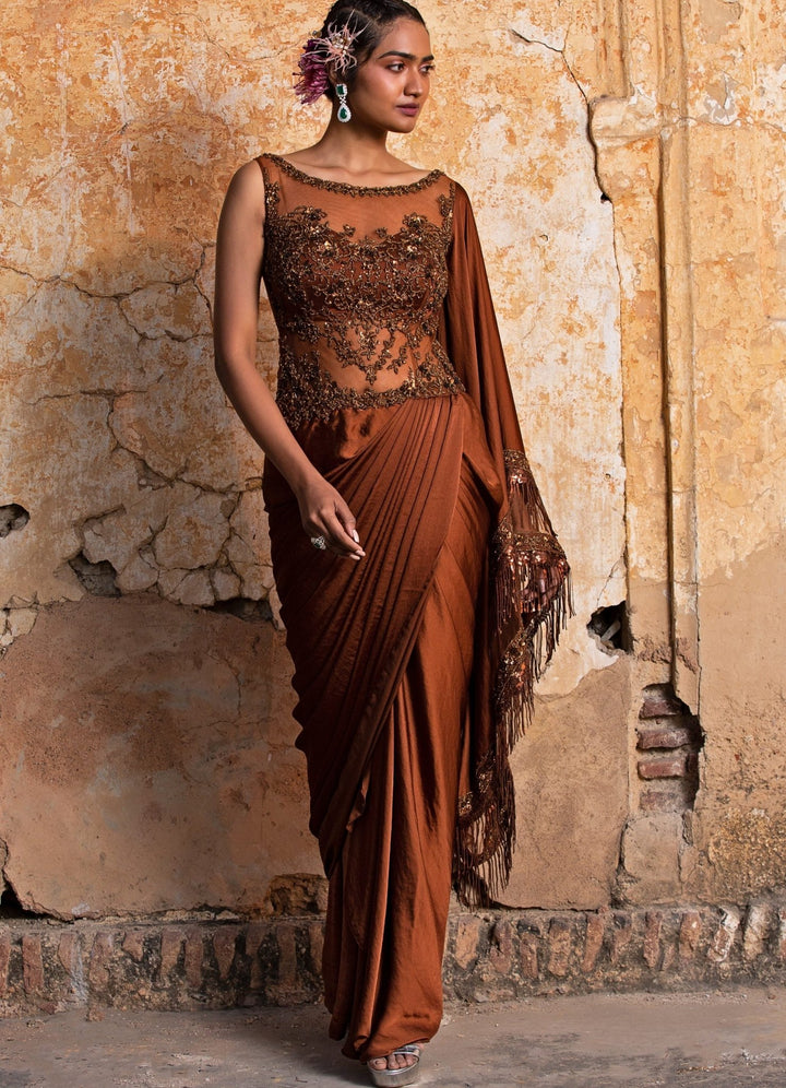 Dark Copper Pre Draped Saree Set Nitika Gujral - Fabilicious Fashion