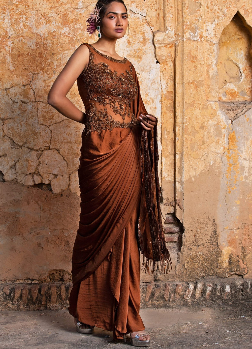 Dark Copper Pre Draped Saree Set Nitika Gujral - Fabilicious Fashion