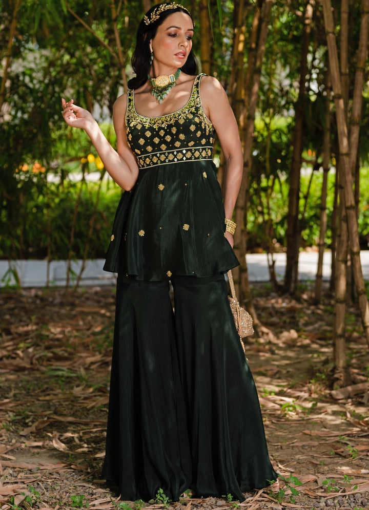 Dark Green Aaisha Peplum Kurta and Sharara Set Rashika Sharma - Fabilicious Fashion