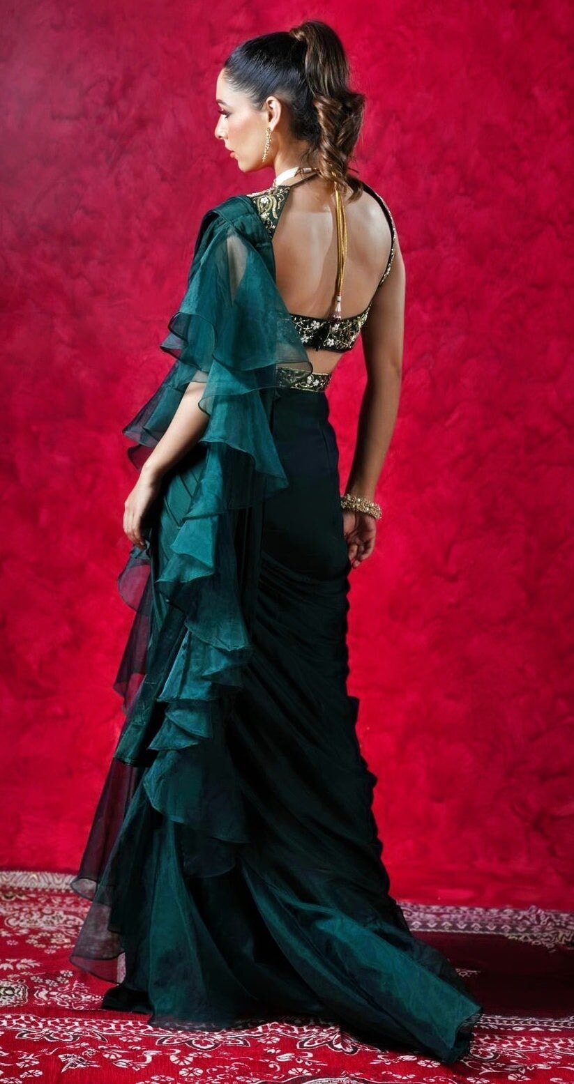 Dark Green Chiffon Ruffled Pre-Draped Saree With Embellished Blouse And Belt Rashika Sharma - Fabilicious Fashion
