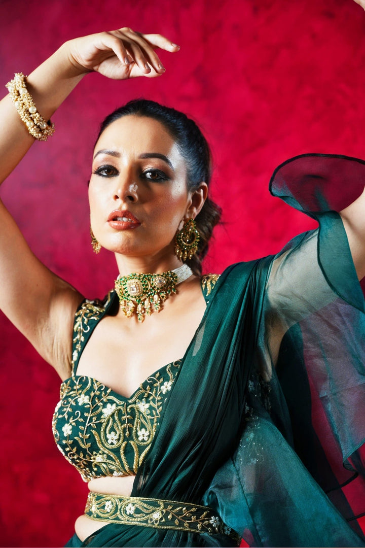 Dark Green Chiffon Ruffled Pre-Draped Saree With Embellished Blouse And Belt Rashika Sharma - Fabilicious Fashion