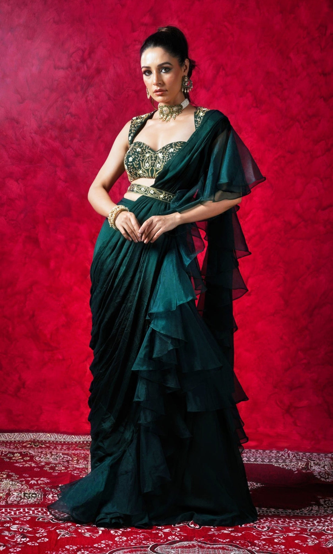 Dark Green Chiffon Ruffled Pre Draped Saree Set