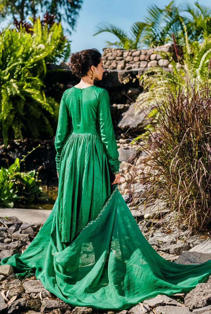 Dark Green Embelished Chanderi Anarkali Set With Organza Dupatta Redpine - Fabilicious Fashion