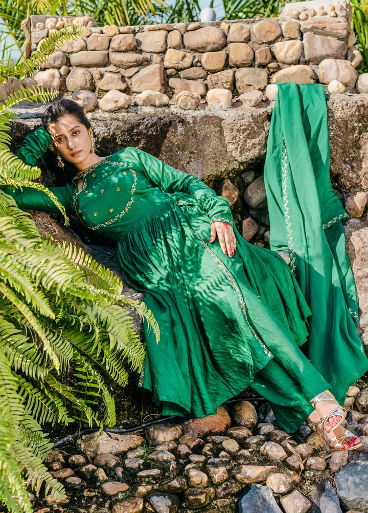 Dark Green Embelished Chanderi Anarkali Set With Organza Dupatta Redpine - Fabilicious Fashion