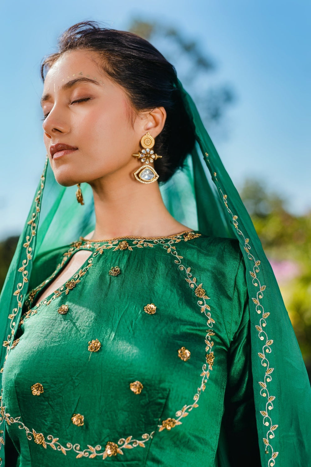 Dark Green Embelished Chanderi Anarkali Set With Organza Dupatta Redpine - Fabilicious Fashion