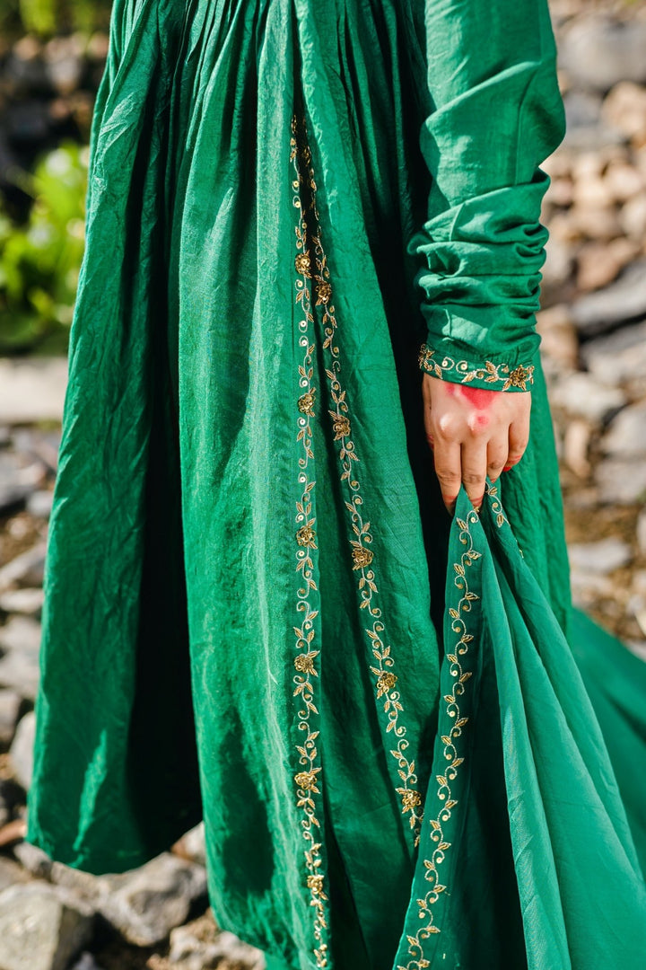 Dark Green Embelished Chanderi Anarkali Set With Organza Dupatta Redpine - Fabilicious Fashion