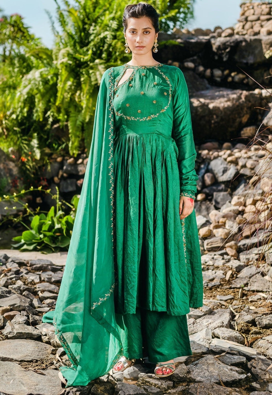 Dark Green Embelished Chanderi Anarkali Set With Organza Dupatta Redpine - Fabilicious Fashion