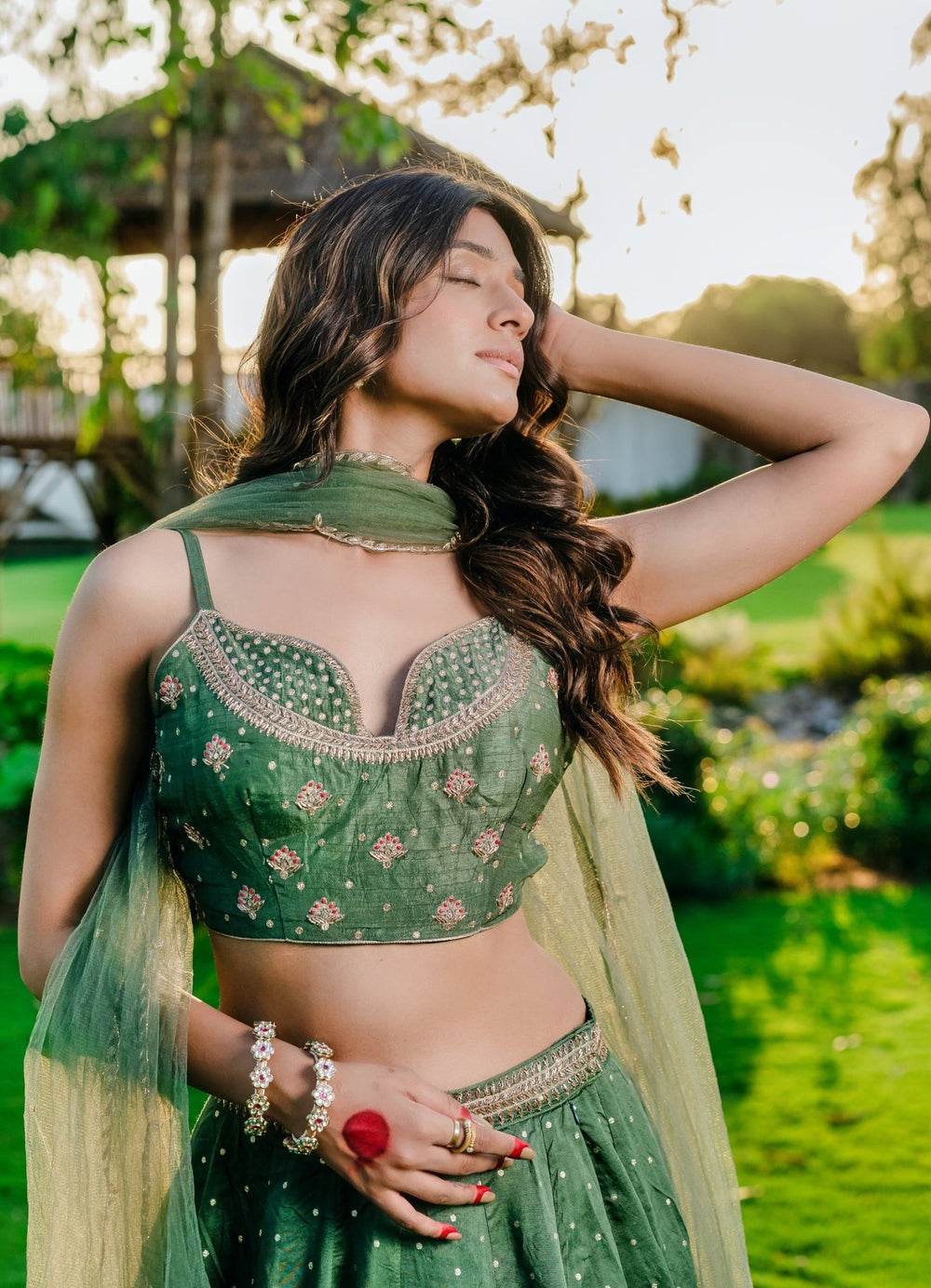 Dark Green Embellished Chanderi Lehenga Set With Net Dupatta Redpine - Fabilicious Fashion