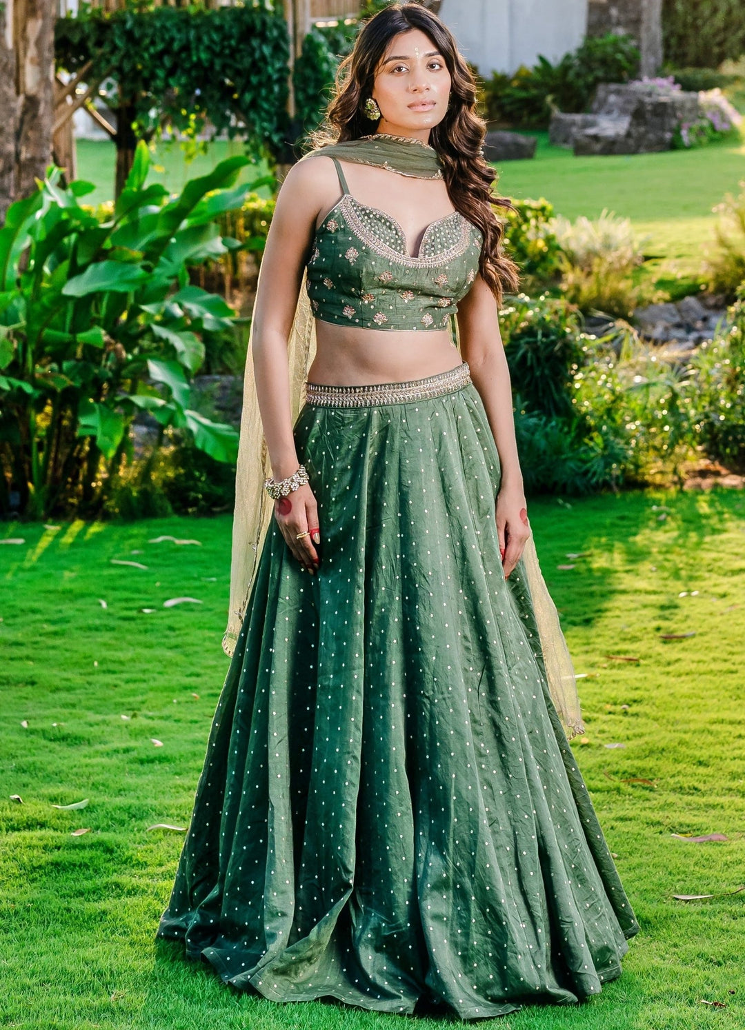 Dark Green Embellished Chanderi Lehenga Set With Net Dupatta Redpine - Fabilicious Fashion