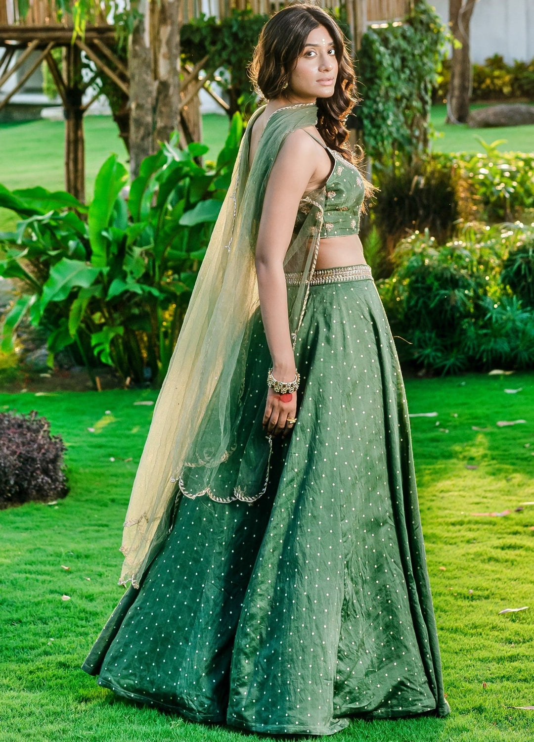 Dark Green Embellished Chanderi Lehenga Set With Net Dupatta Redpine - Fabilicious Fashion